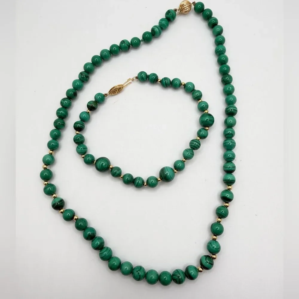 Vintage Malachite and 14kt gold beaded necklace/bracelet set‎ w/ 14kt YG clasps!